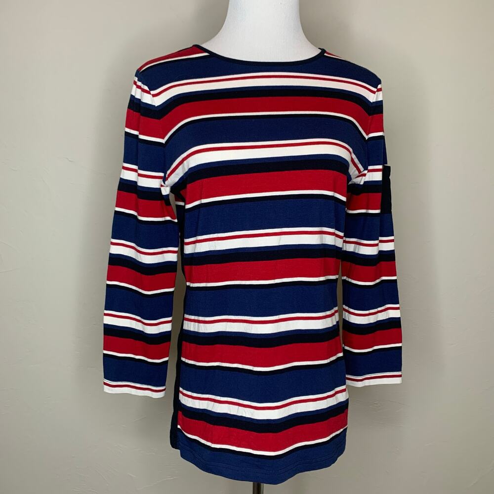 Chaps Red White Blue Black Striped Crew Neck Tee Sz Medium